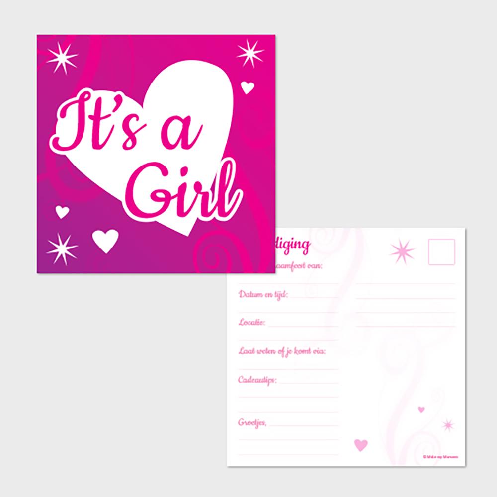 It's a Girl uitnodigingen voor en achterkant