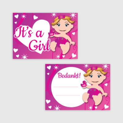 It's a Girl bedanktkaartjes voor en achterkant