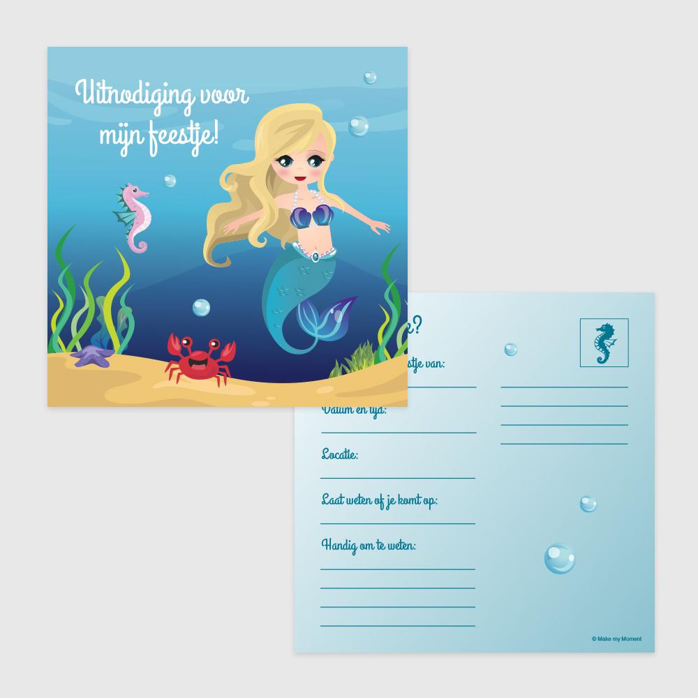Zeemeerminnen uitnodigingen voor en achterkant