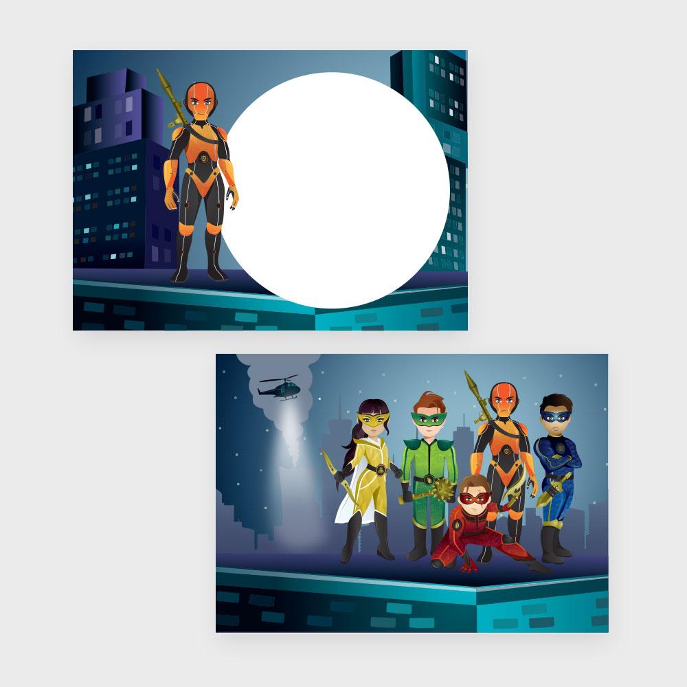 Superhelden traktatiekaartje voor en achterkant design