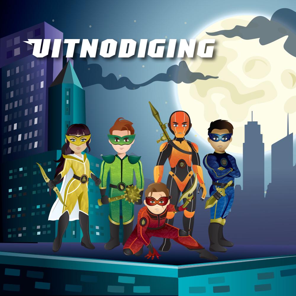 Superhelden uitnodiging design voorkant met 4 superhelden