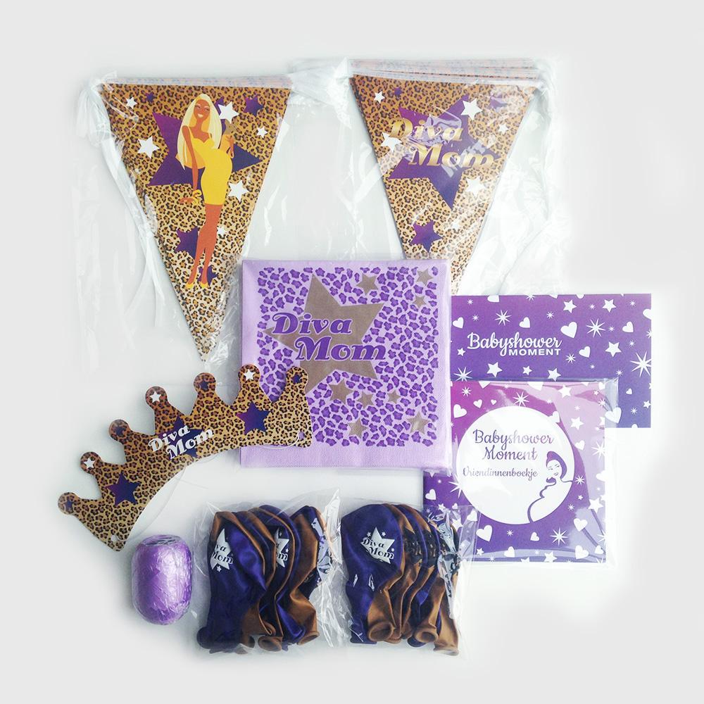 Versiering en servetten Diva Mom - slingers, kroontje, vriendenboekje en ballonnen